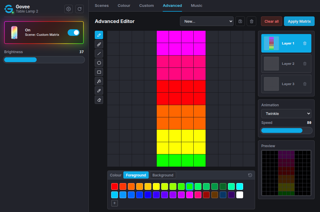 Advanced matrix editor with a rainbow gradient column, layer panel, animation type selector and live preview