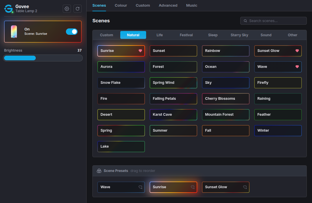 Scene browser showing Natural scenes including Sunrise, Aurora, Forest and more, with scene presets at the bottom