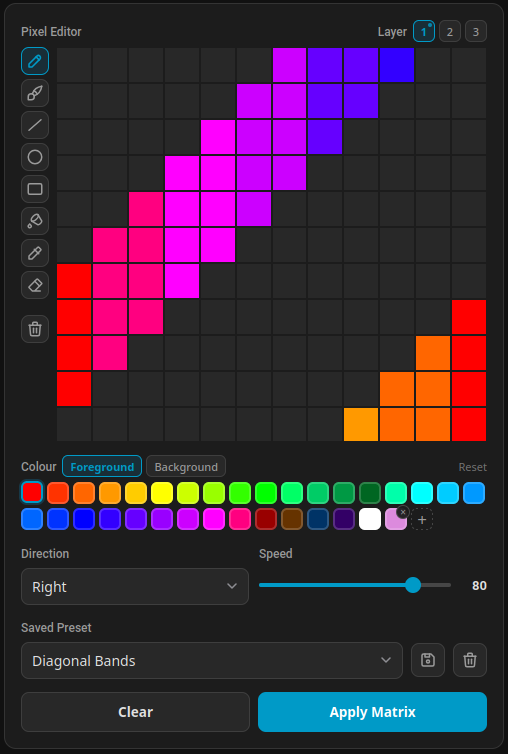 Pixel editor for Govee matrix lights showing a diagonal colour band pattern with direction and speed controls